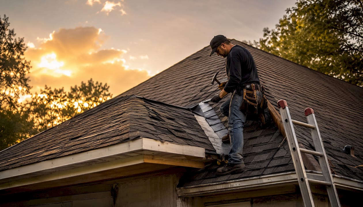 Roofing professional’s hands repairing roof valley