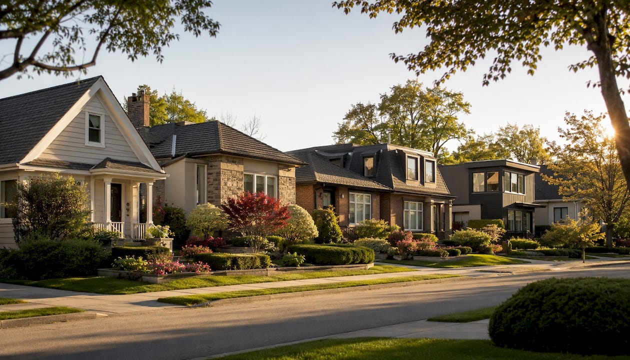Row of homes displaying diverse roof styles