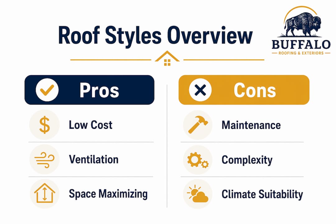 Infographic comparing roof styles pros and cons