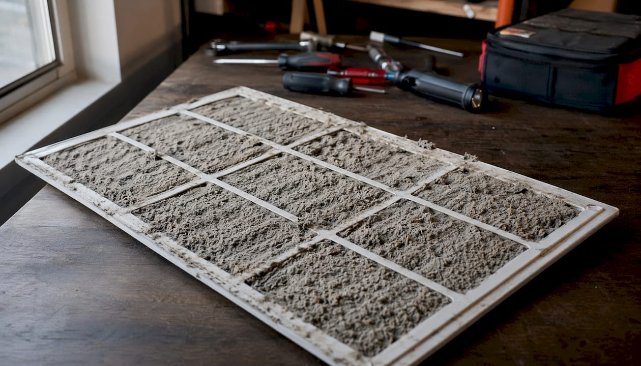 Close-up of dirty clogged AC air filter