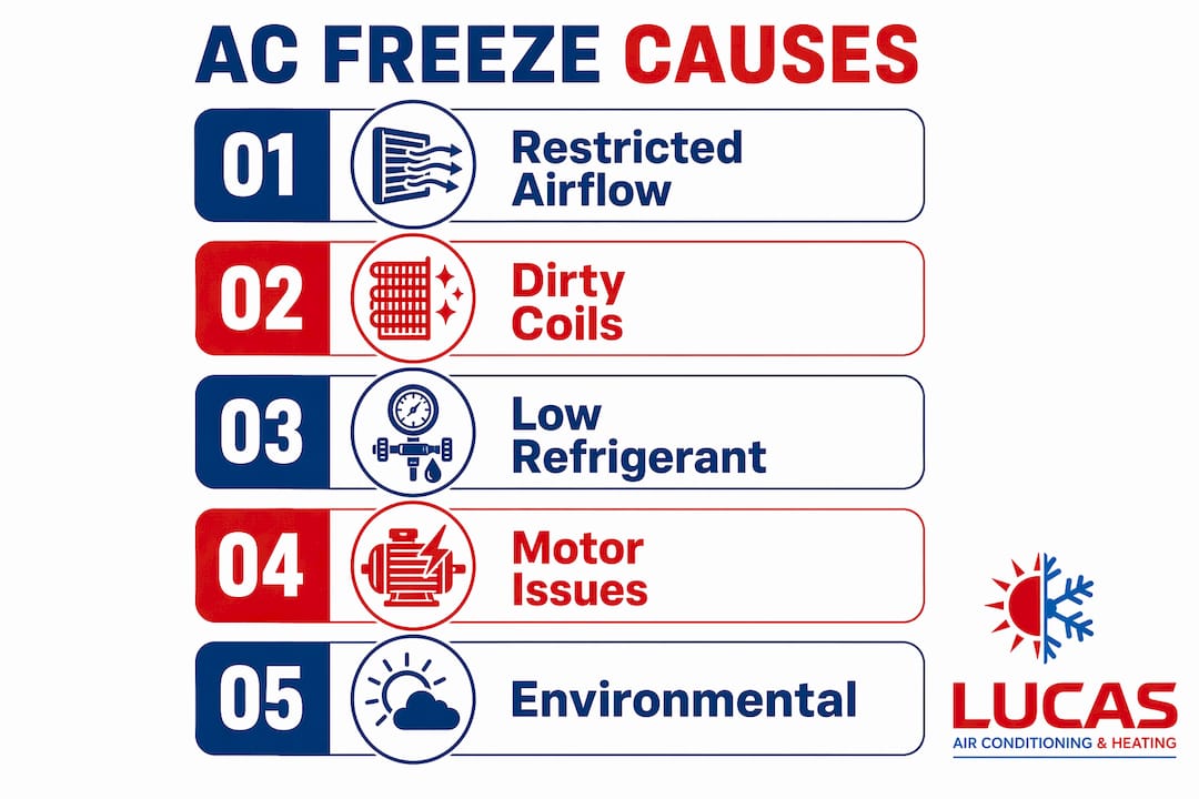 Infographic showing common causes of AC freezing