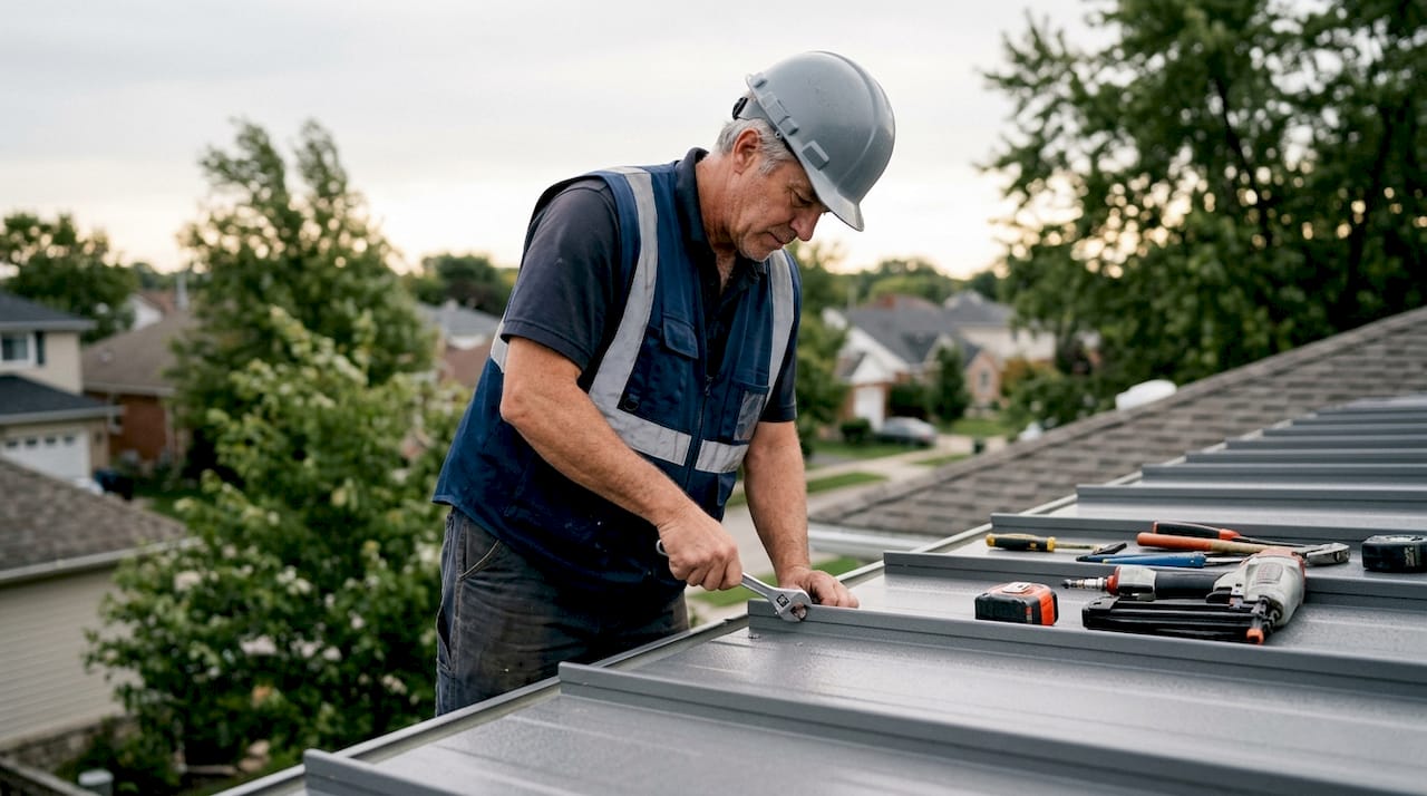 Contractor measuring metal roof panels