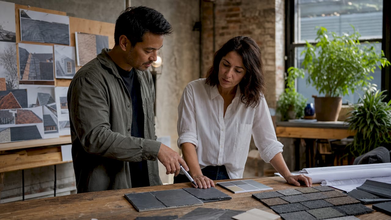 Couple reviewing roofing styles in design studio