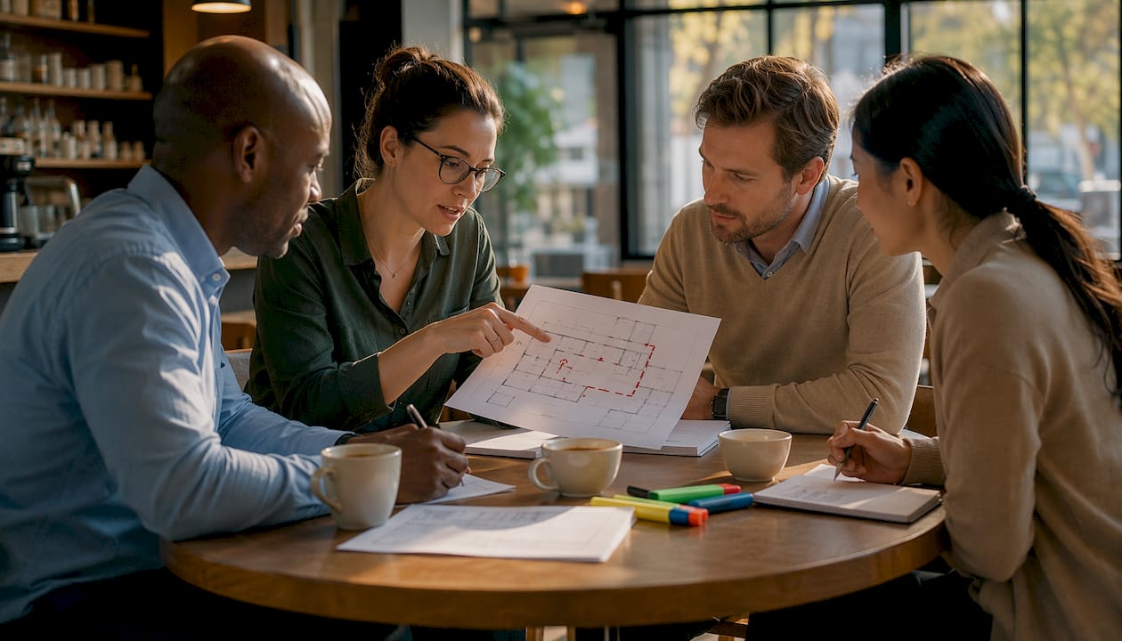 Team discussing fire emergency plan in office meeting