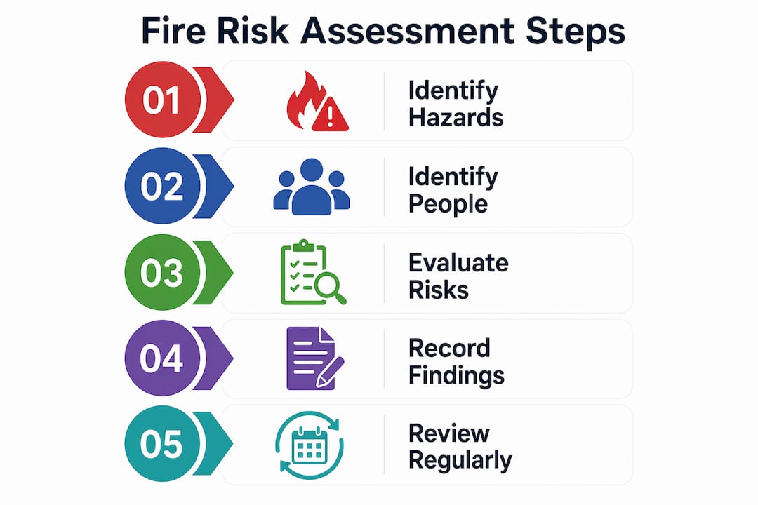 Infographic illustrating five steps of fire risk assessment