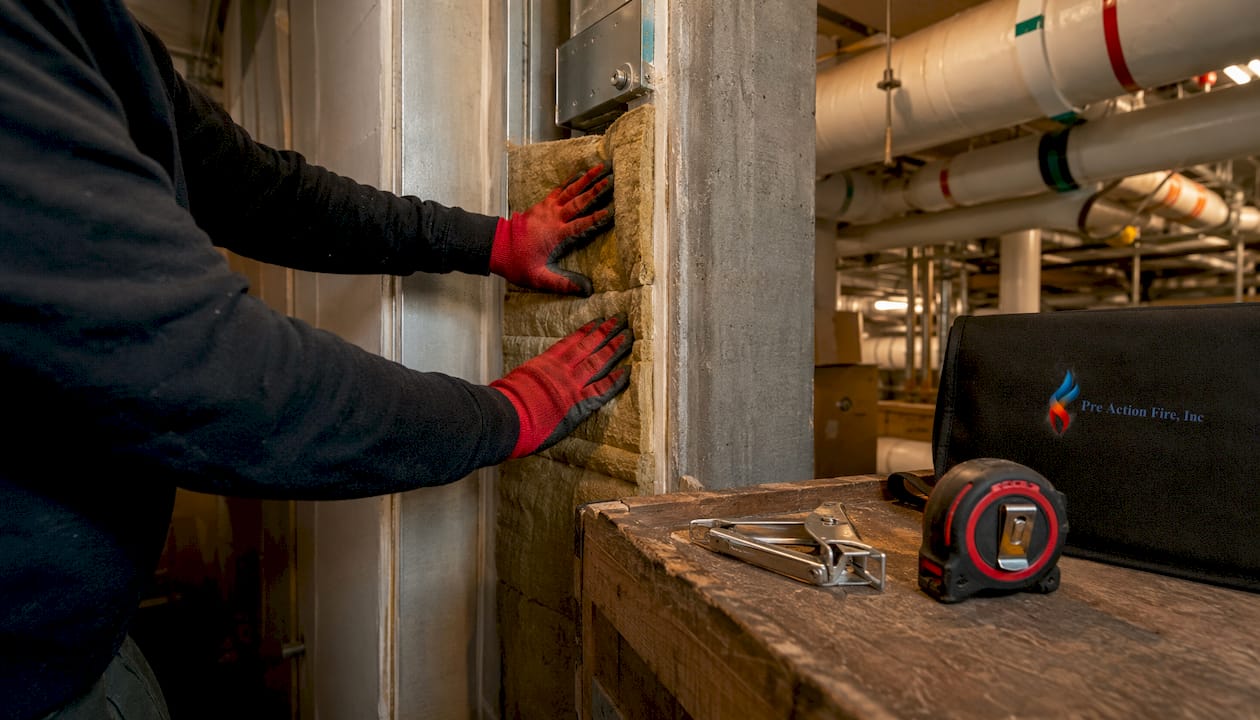 Installer hands fitting fire barrier components