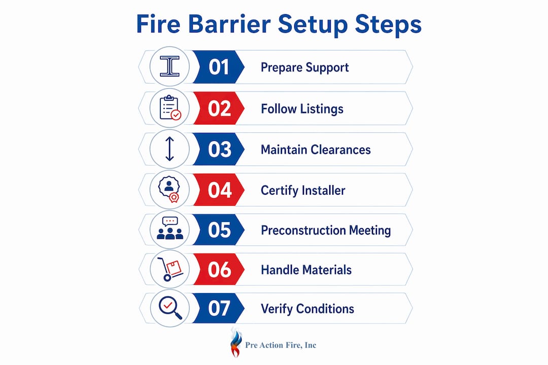 Infographic illustrating seven fire barrier installation steps