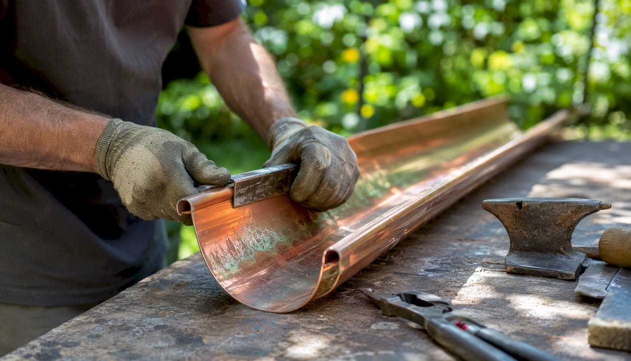 Close-up of hands crafting copper gutter in workshop