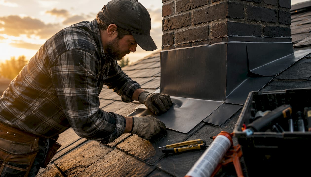 Roofer installing flashing on asphalt roof