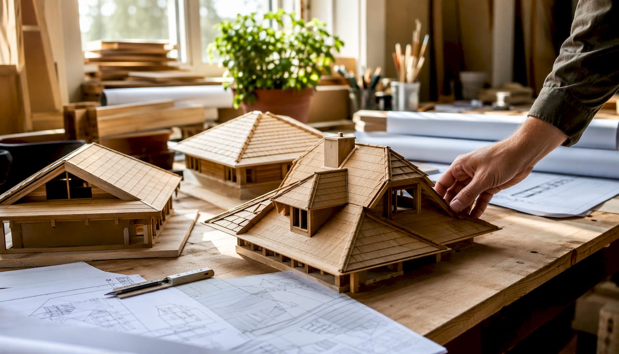 Architect examining roof shape models overhead