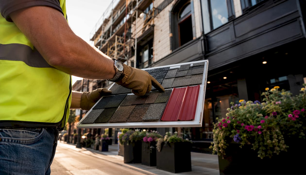 Contractor holding roofing material samples outdoors