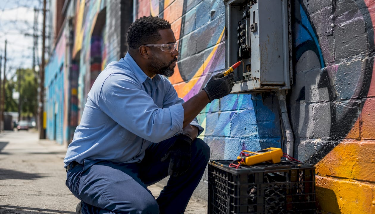 HVAC technician checking circuit breaker panel