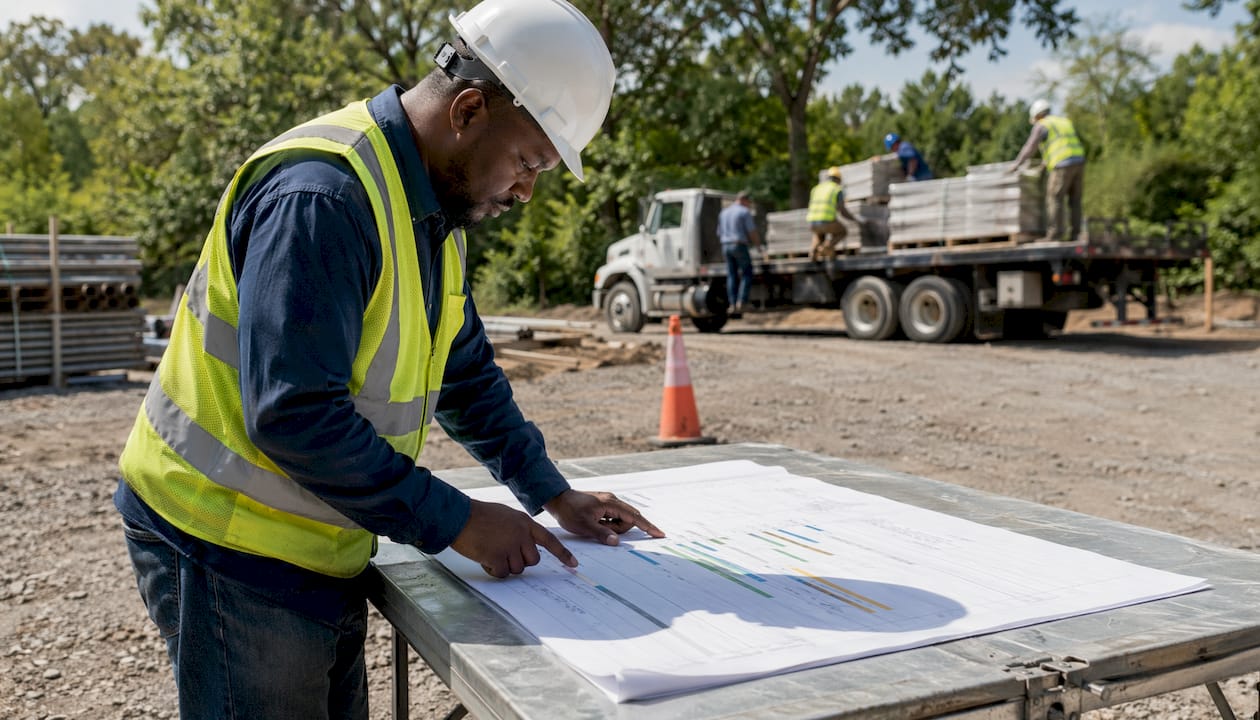 Project manager reviewing roofing schedule plan