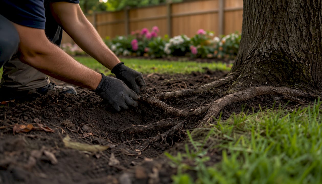 Close-up of hand checking storm-damaged tree roots