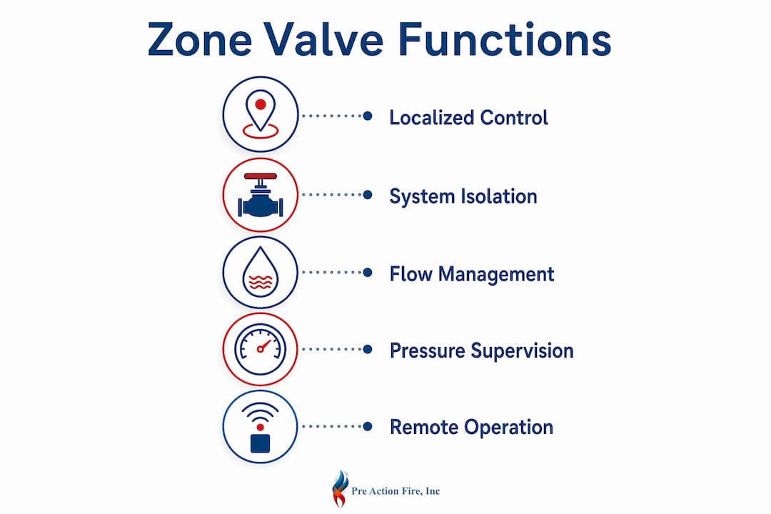 Infographic illustrating key zone valve functions in fire protection systems