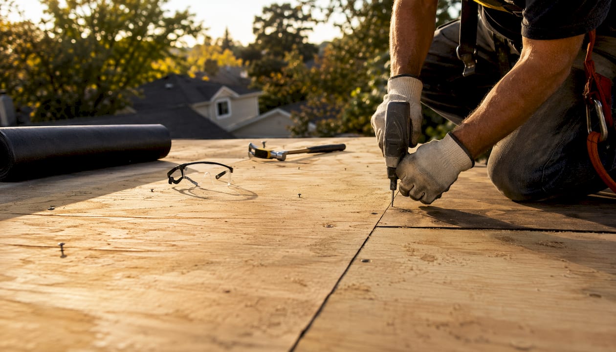 Roofer installing plywood substrate on low-slope roof