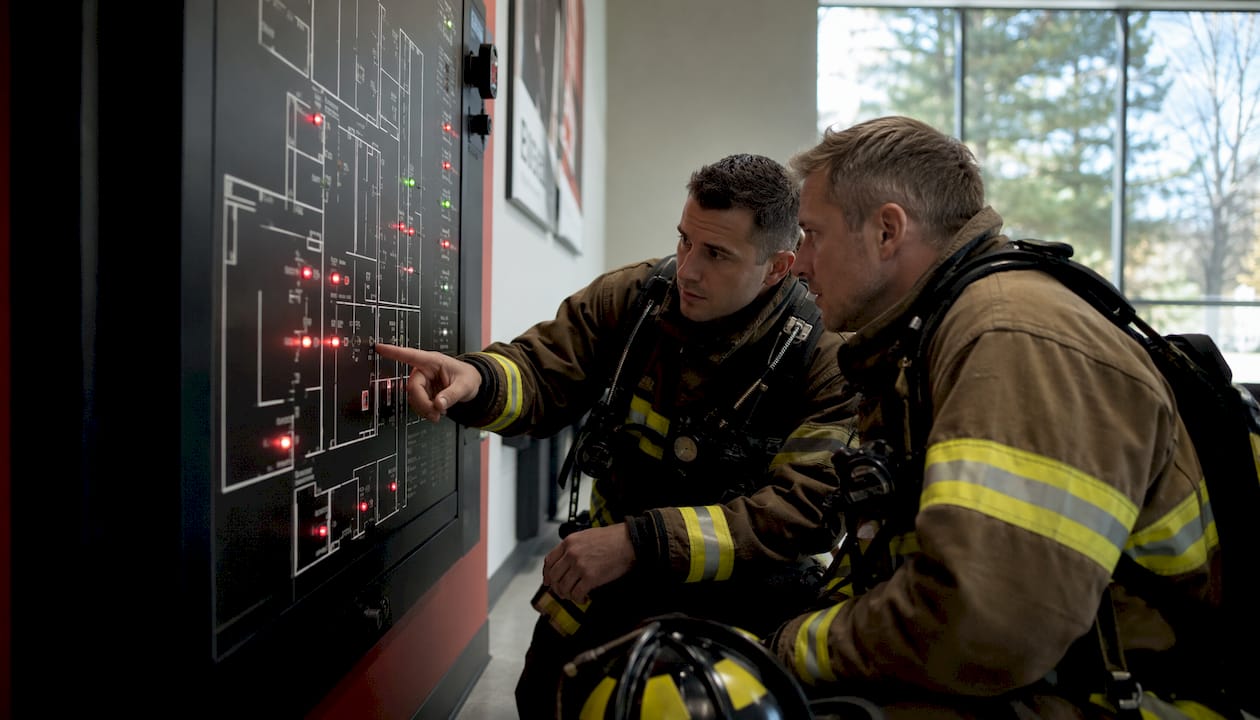 Firefighters reviewing annunciator panel during briefing