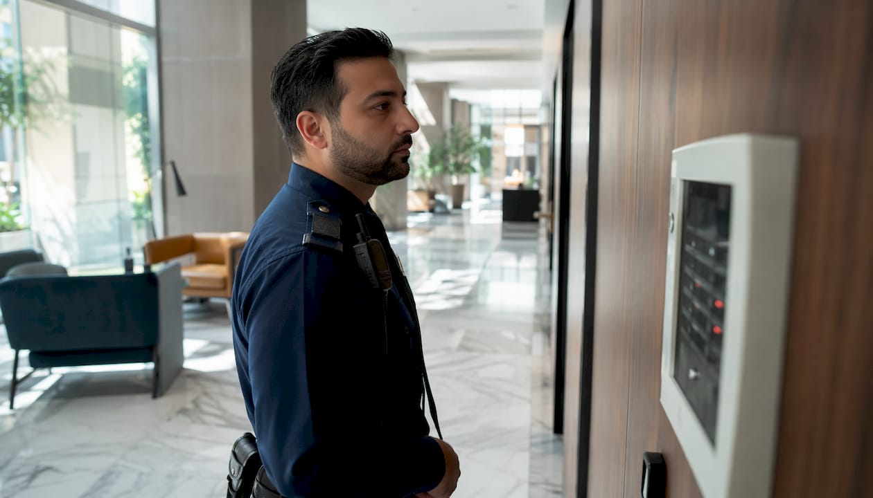 Security guard checking alarm annunciator in lobby