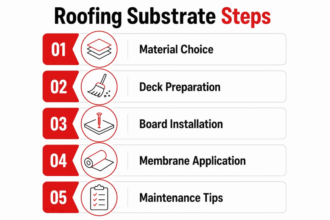 Infographic showing steps of low-slope roofing substrate installation