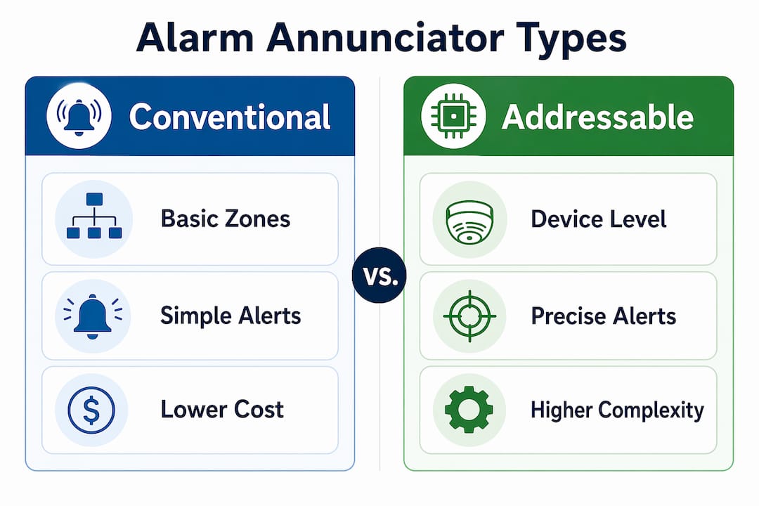 Infographic comparing conventional and addressable annunciators