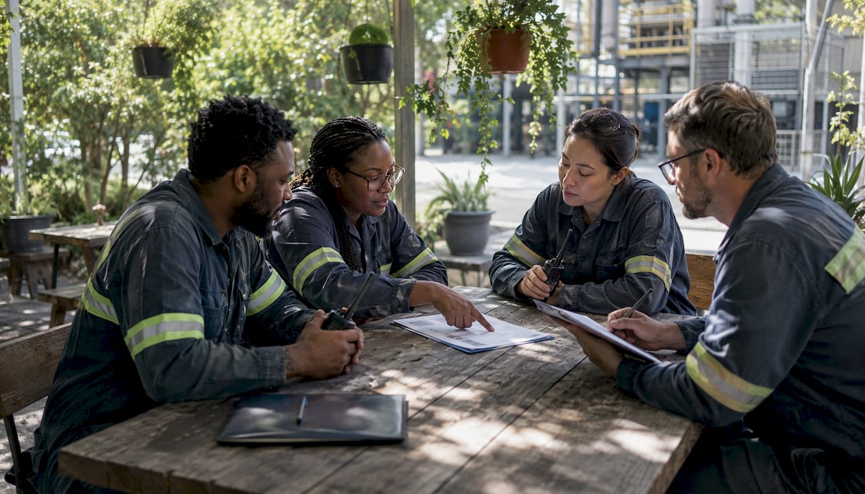 Industrial team discussing safety checklist
