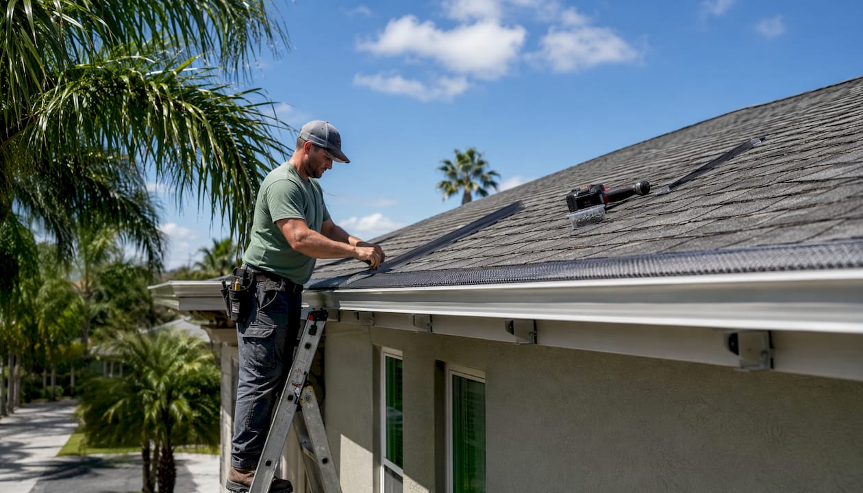 Close-up hands installing gutter guards outdoors