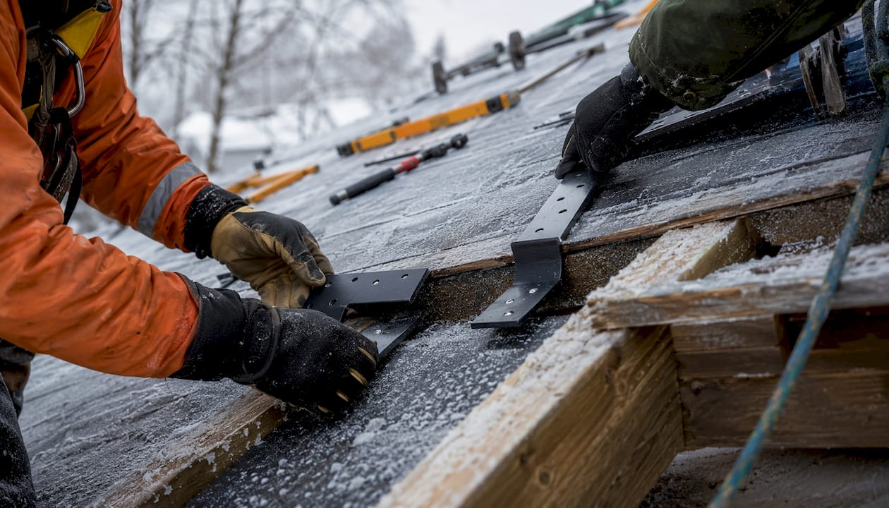 Hands securing roof safety anchors on frosted roof