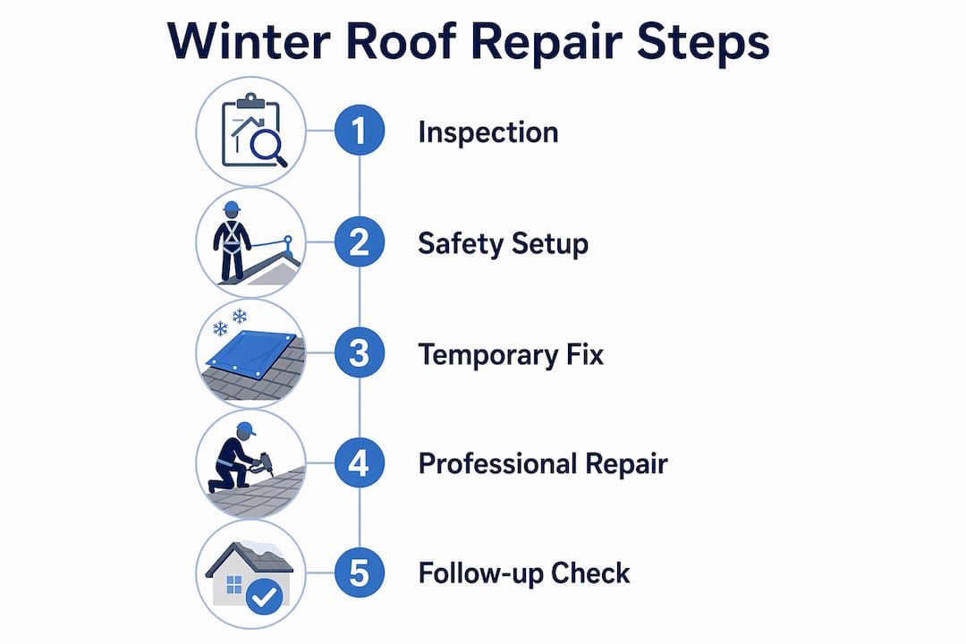 Infographic illustrating winter roof repair steps