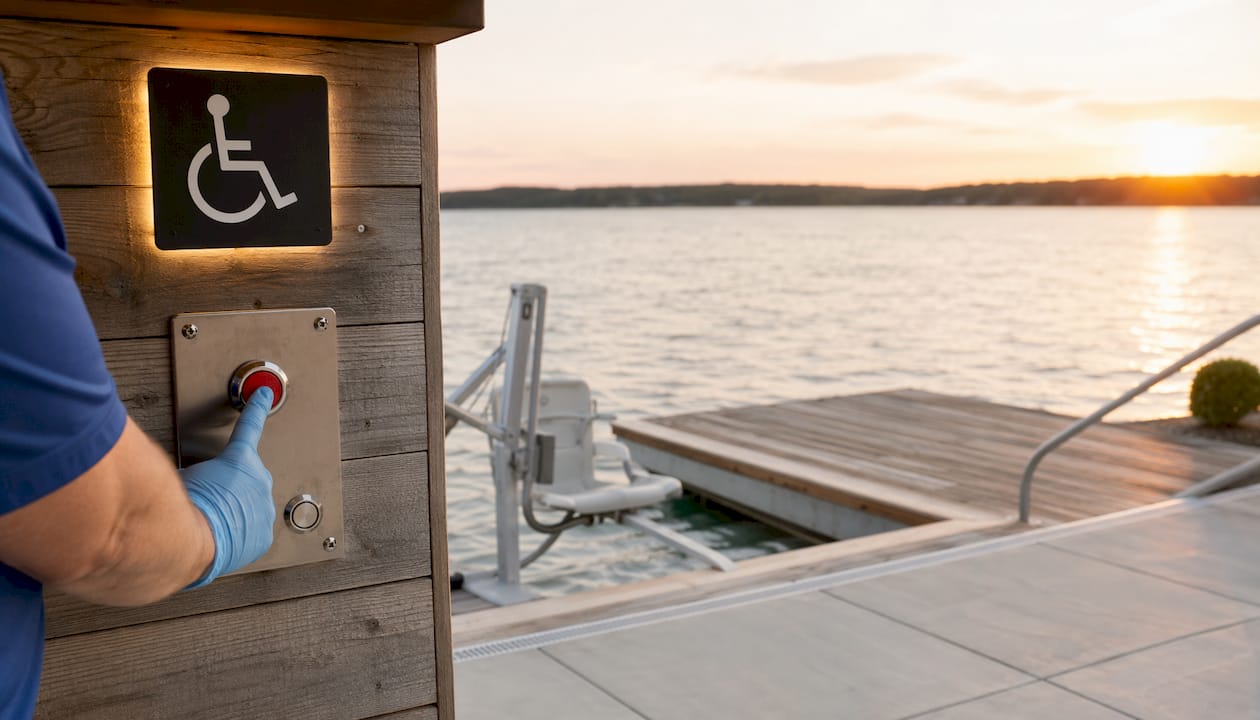 Pool Accessibility Design: ADA Compliance Guide for 2026 3 Accessible pool lift signage with call button
