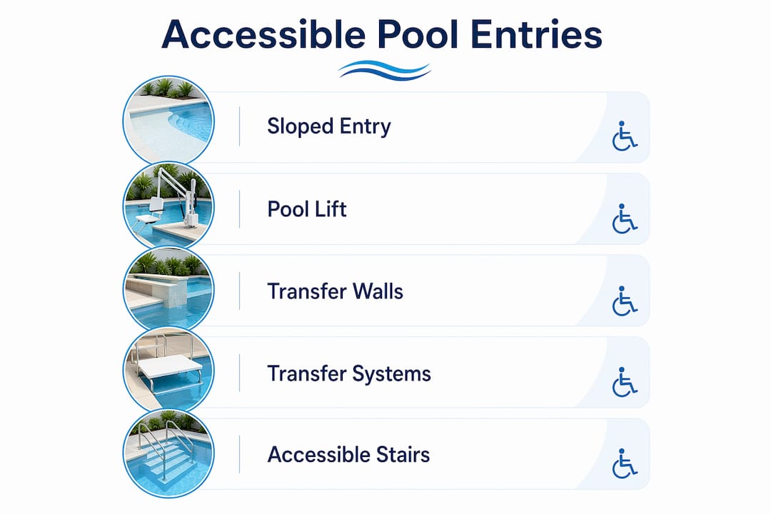 Pool Accessibility Design: ADA Compliance Guide for 2026 1 Infographic showing accessible pool entry types