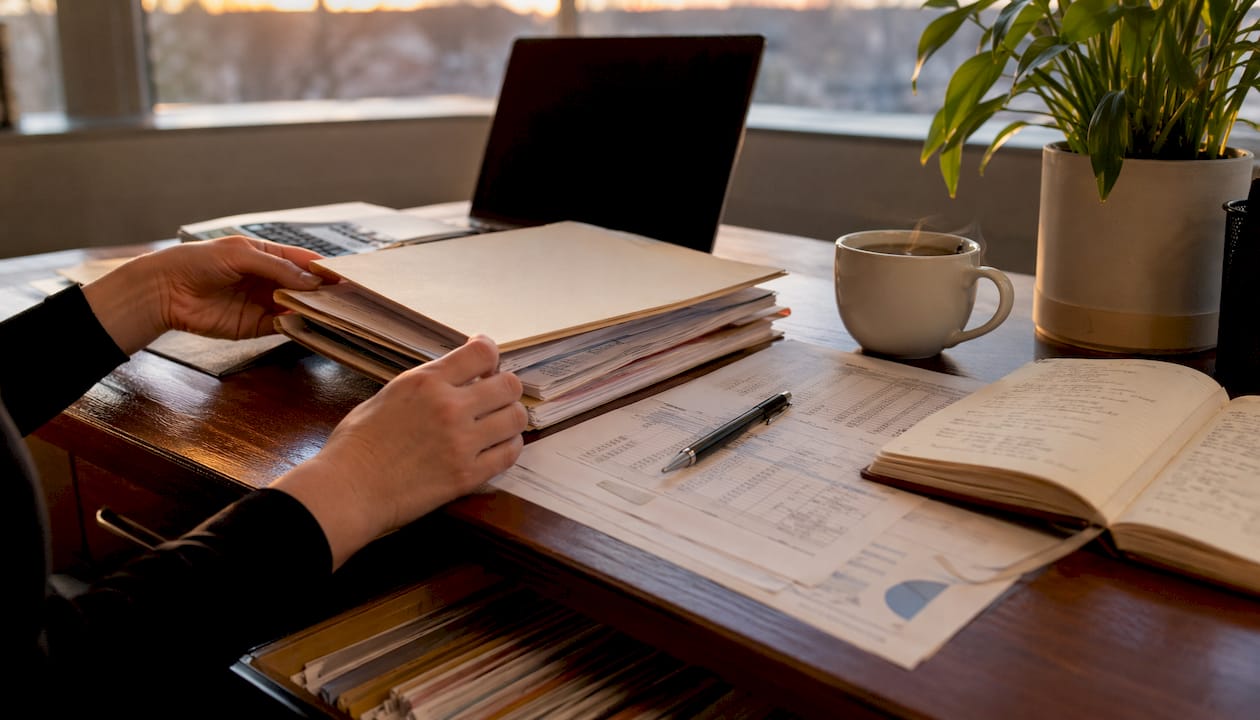 Accountant reviewing roofing budget folders
