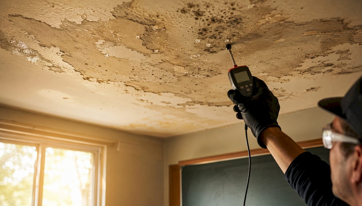 Close-up of water damage with moisture meter
