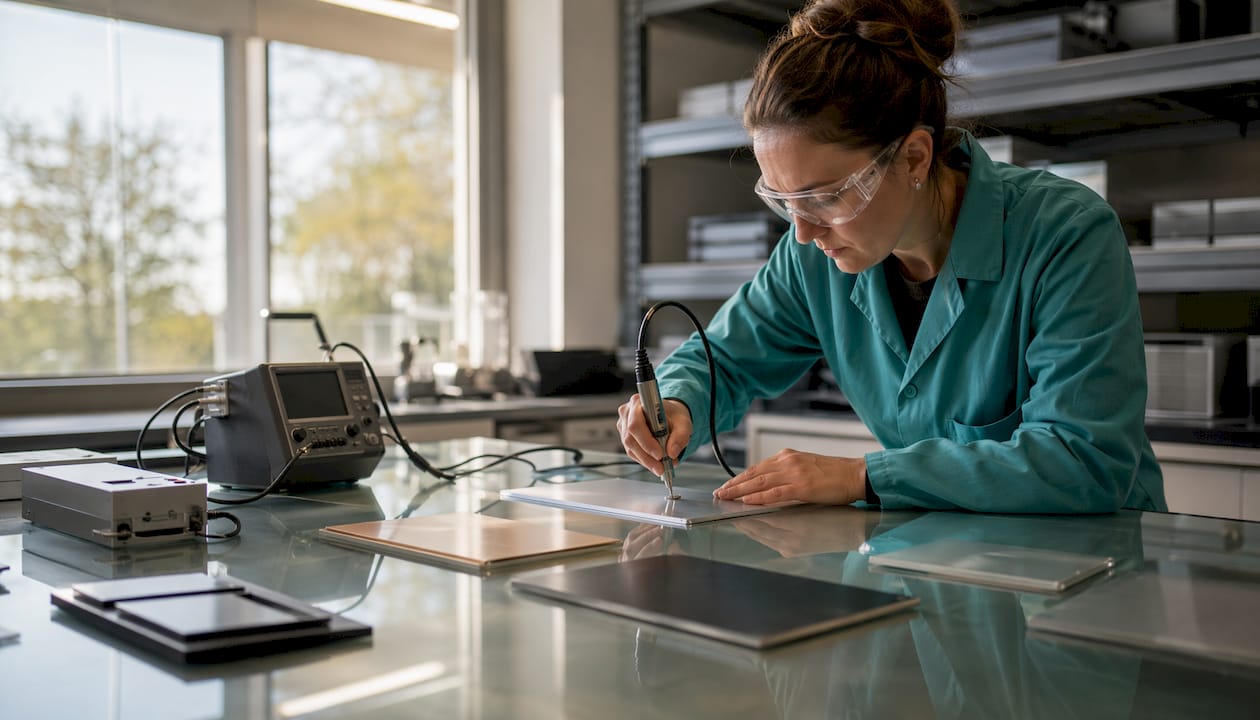 Lab technician testing coating for defects