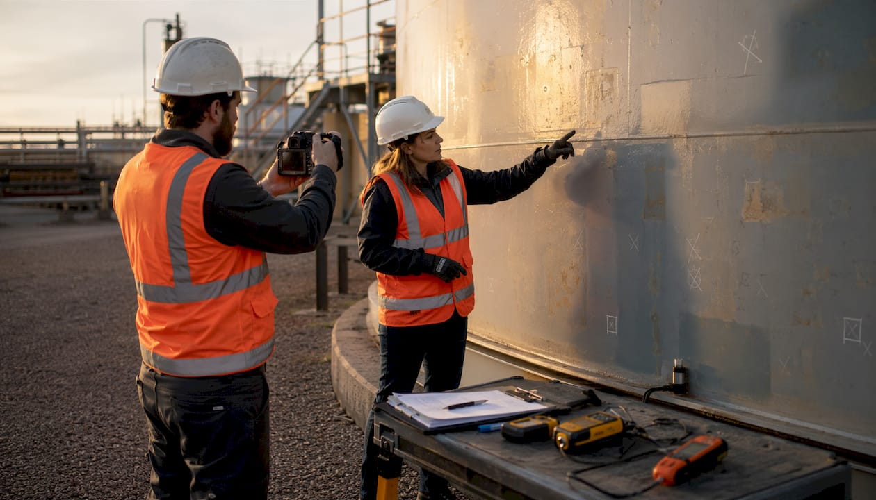 Two surveyors inspecting coated asset surface
