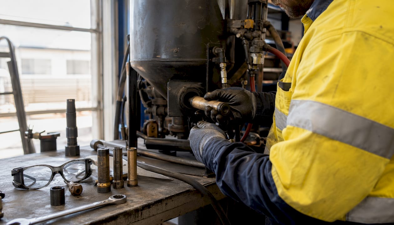 Hands replacing nozzle on blasting machine