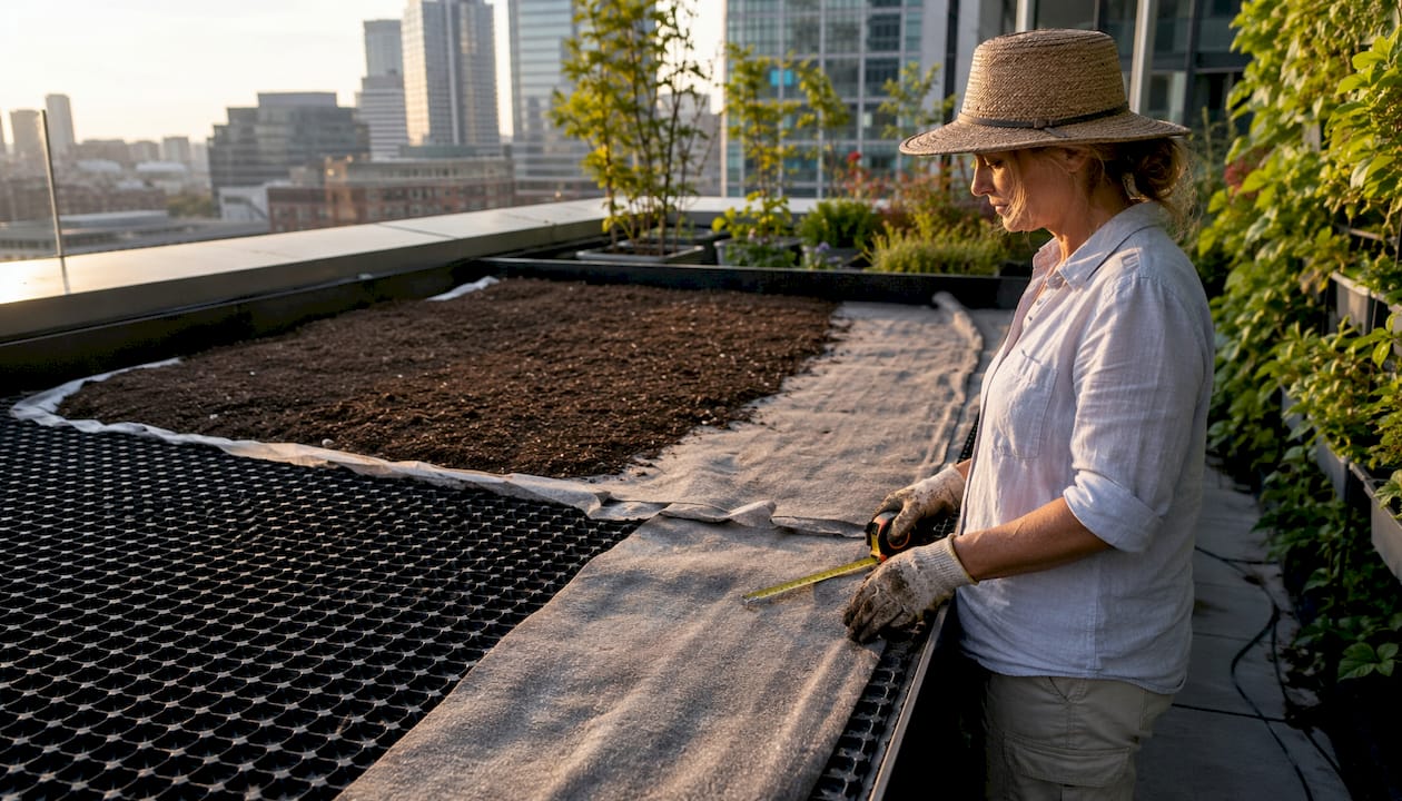 Technician inspecting green roof drainage layers