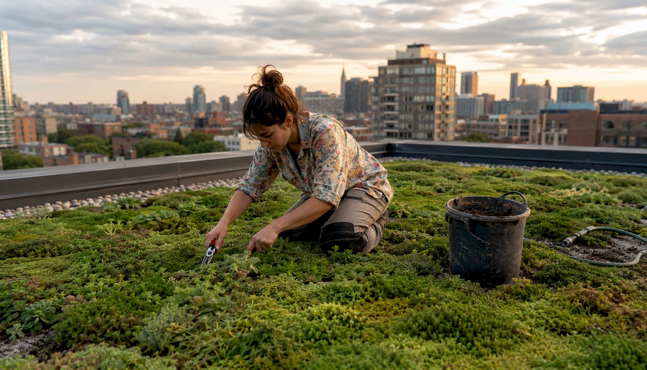 Gardener tending plants on an extensive green roof