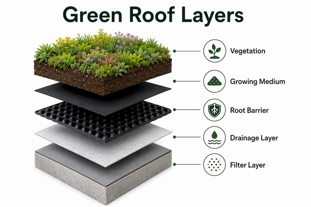 Infographic showing layers of a green roofing system