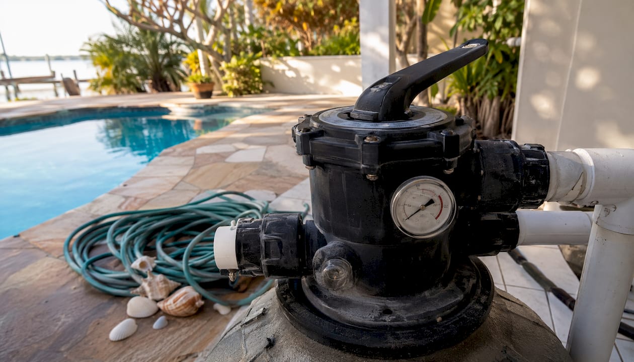 Close-up of sand filter control valve and gauge