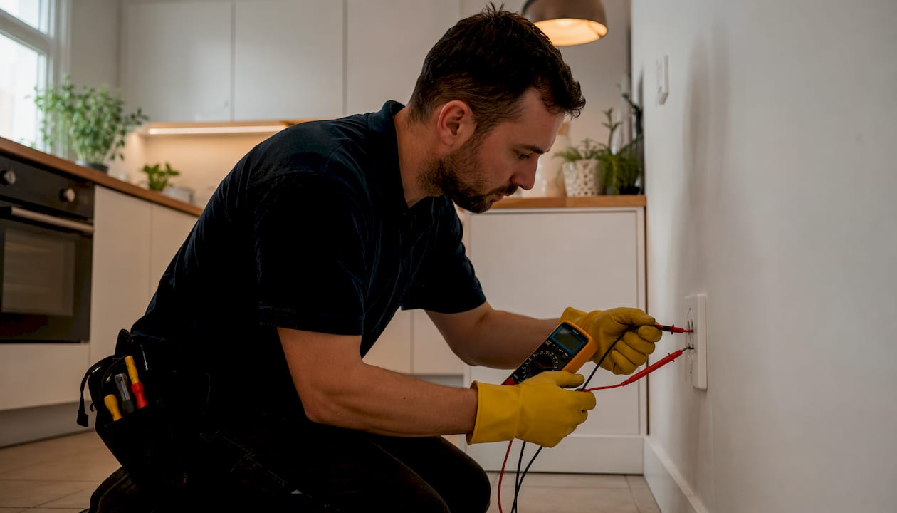 Electrician hands testing power outlet with multimeter