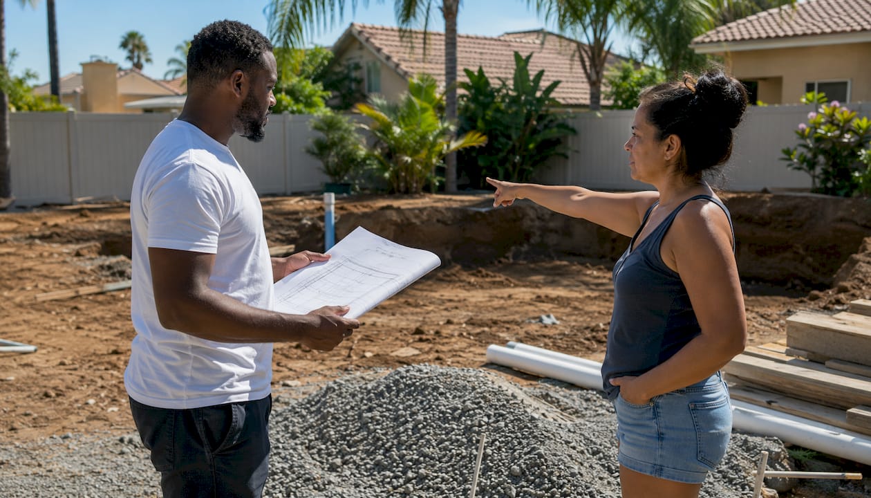 Contractor and homeowner discussing pool project scope