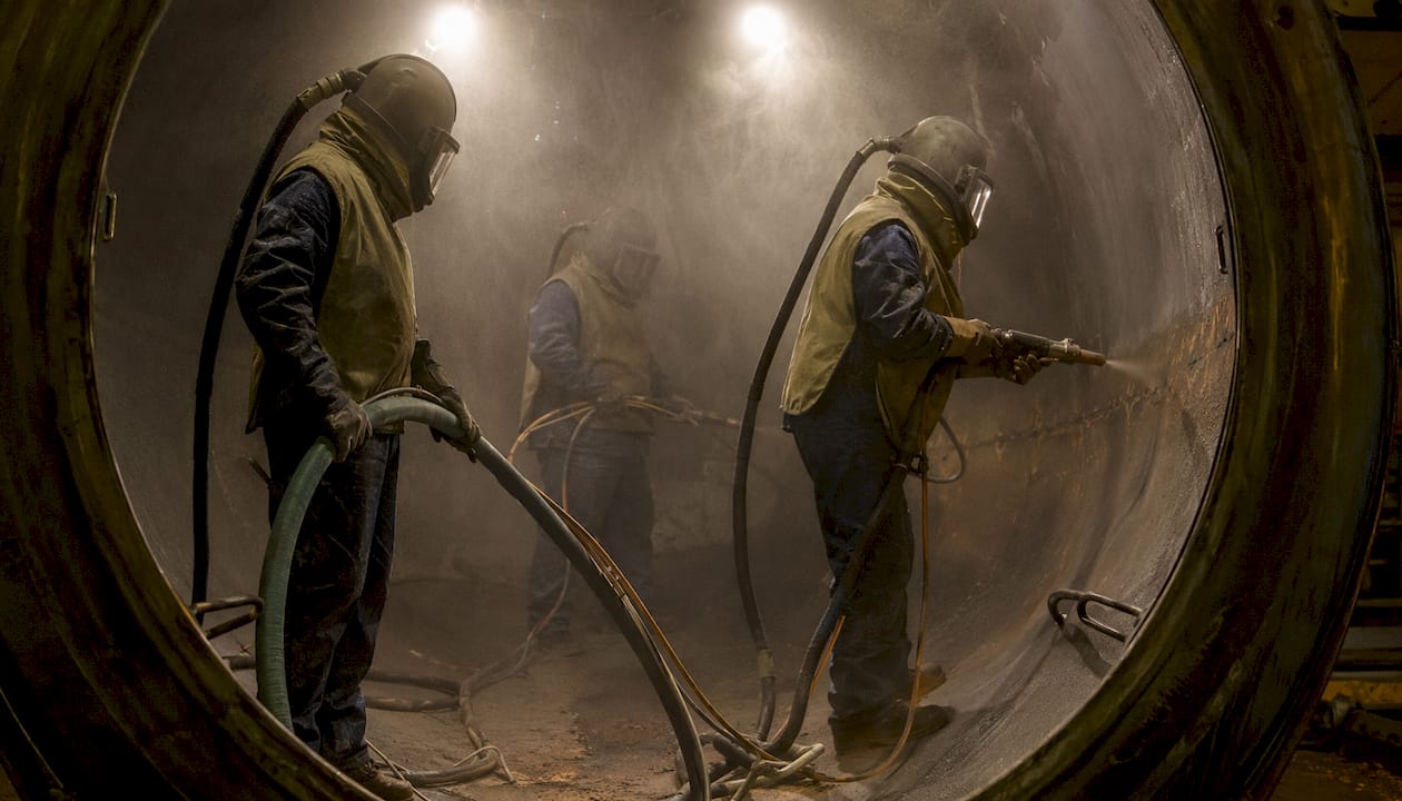 Workers preparing tank surface with abrasive blasting
