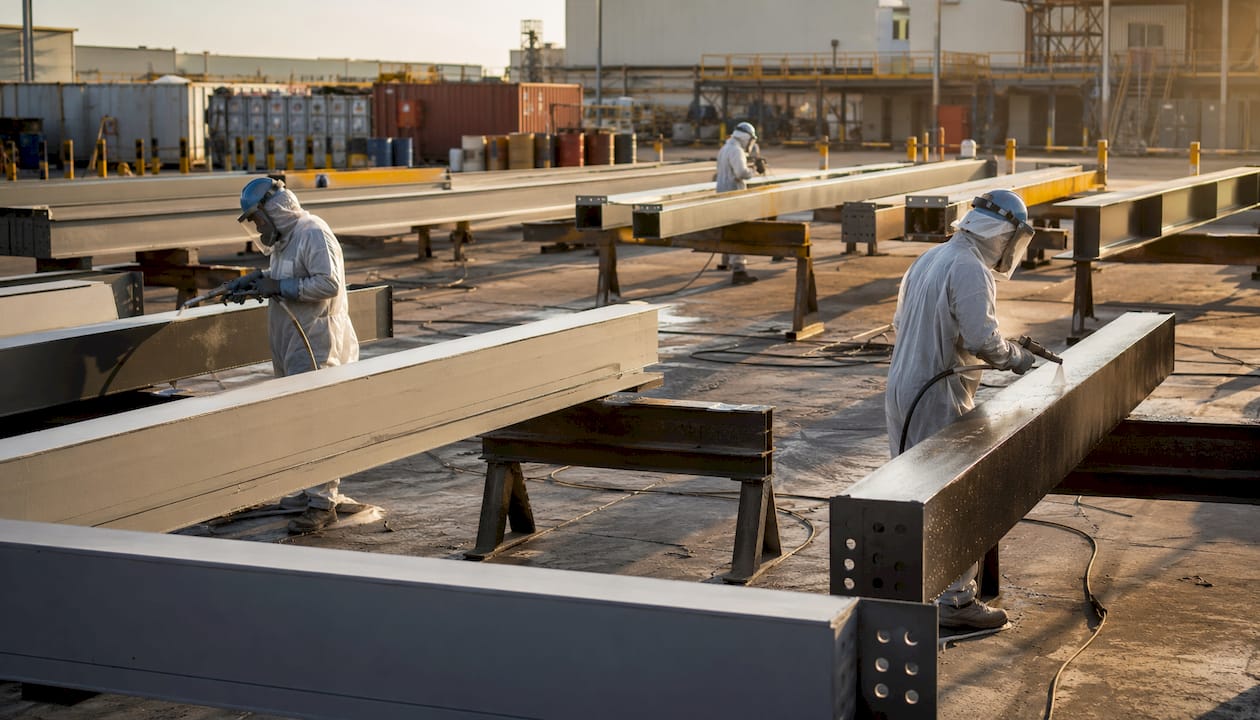Overhead view of coating application on steel beams