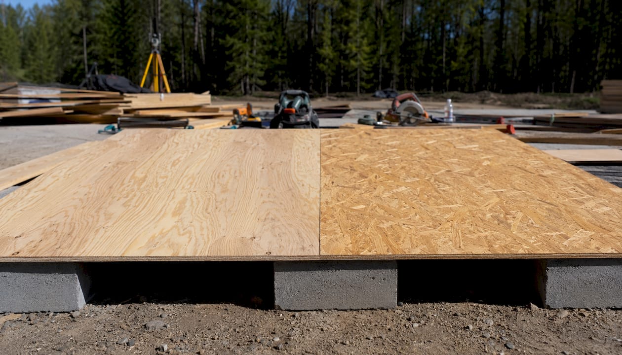 Side-by-side plywood and OSB roof sheathing panels detail