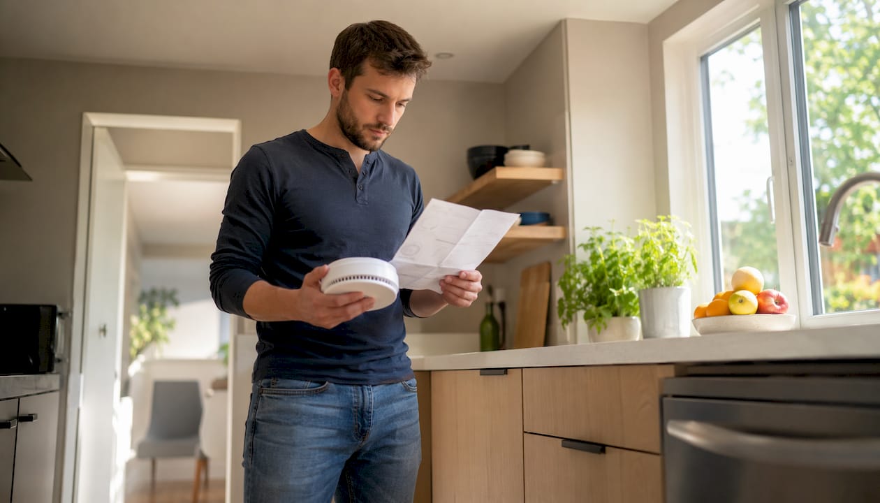 Man reading smoke alarm manual in home hallway