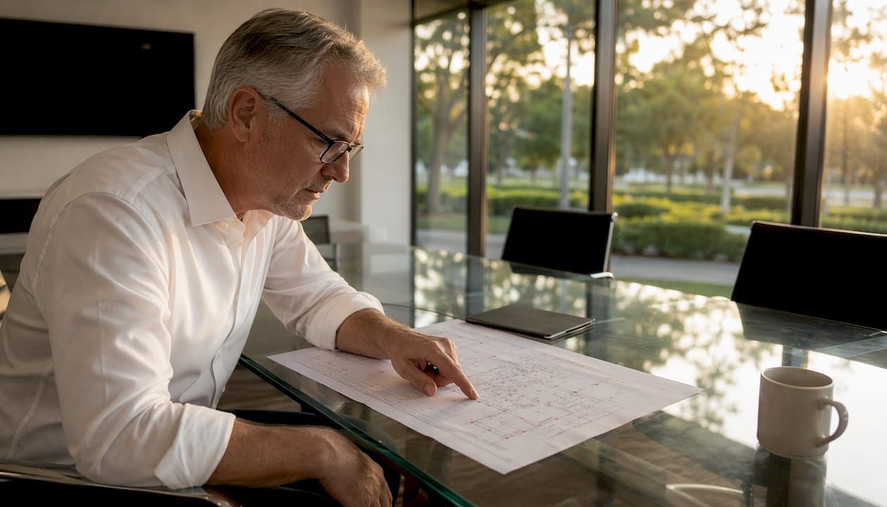 Professional reviewing fire alarm layout in office