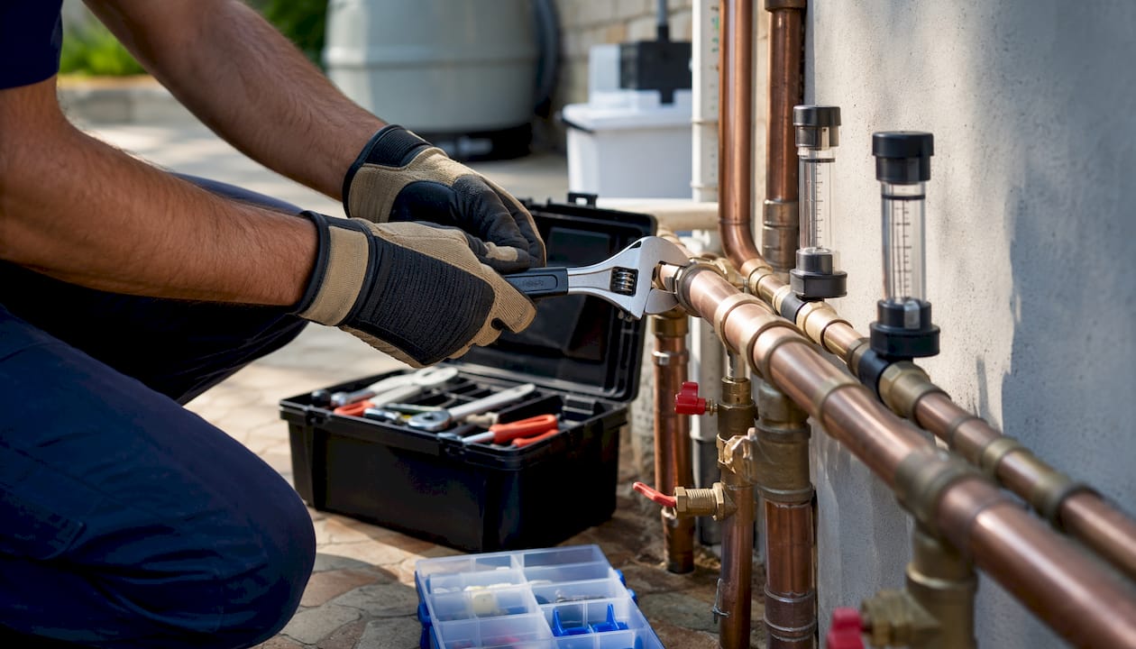 The Role of Ongoing Pool Builder Support for Homeowners 2 Technician adjusting pool plumbing valves outdoors