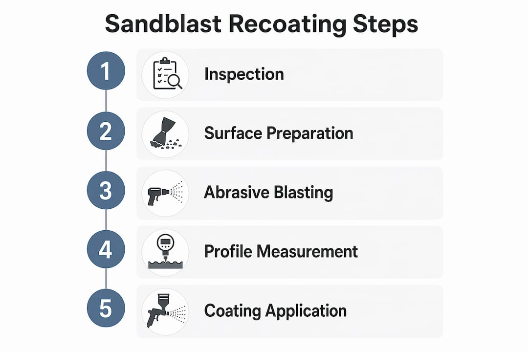 Infographic showing five steps of sandblast tank recoating