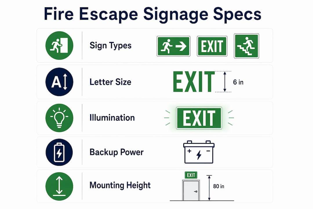 Infographic of hotel fire escape signage technical specifications