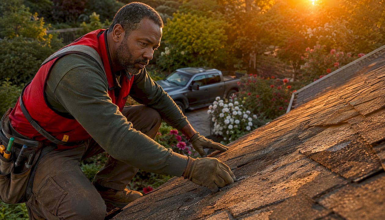 Contractor inspecting old roofing shingles